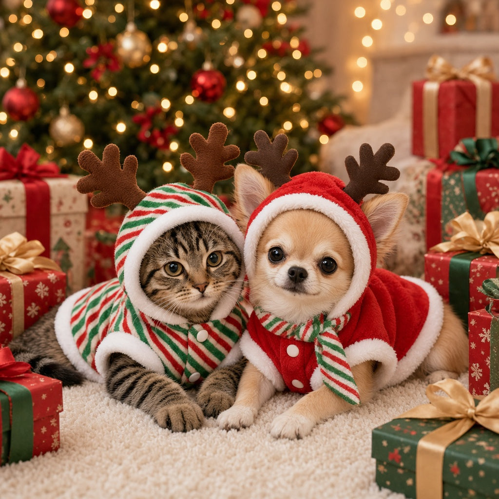 Gato y chihuahua con capas de reno junto al árbol de Navidad